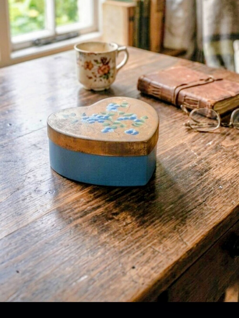 Vintage Hand Painted Blueberry Heart Shaped Trinket Box Cottagecore